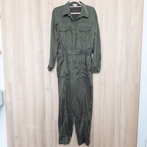 LilySilk Womens Silk Jumpsuit Size L Green Utility Chic Minimalist Quiet Luxury